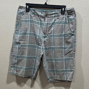 Machine Men's Grey Plaid Cotton Shorts with Teal Accent